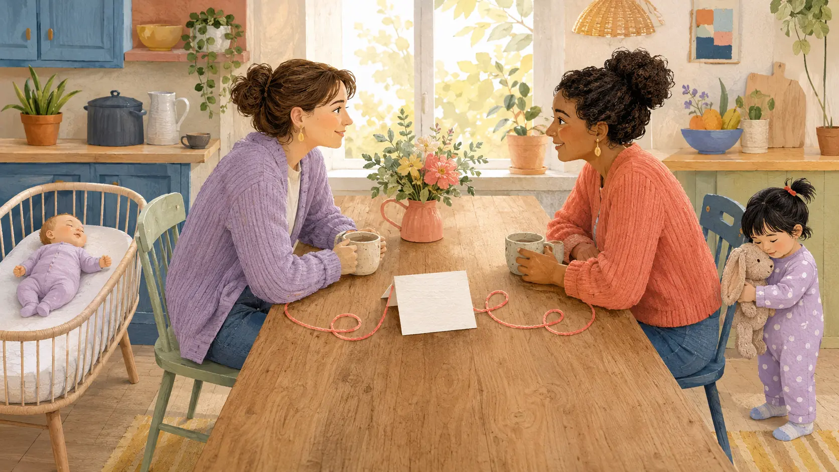A symbolic one-mother-to-another storybook conversation at a kitchen table, with a baby sleeping safely in a bare bassinet and a toddler nearby
