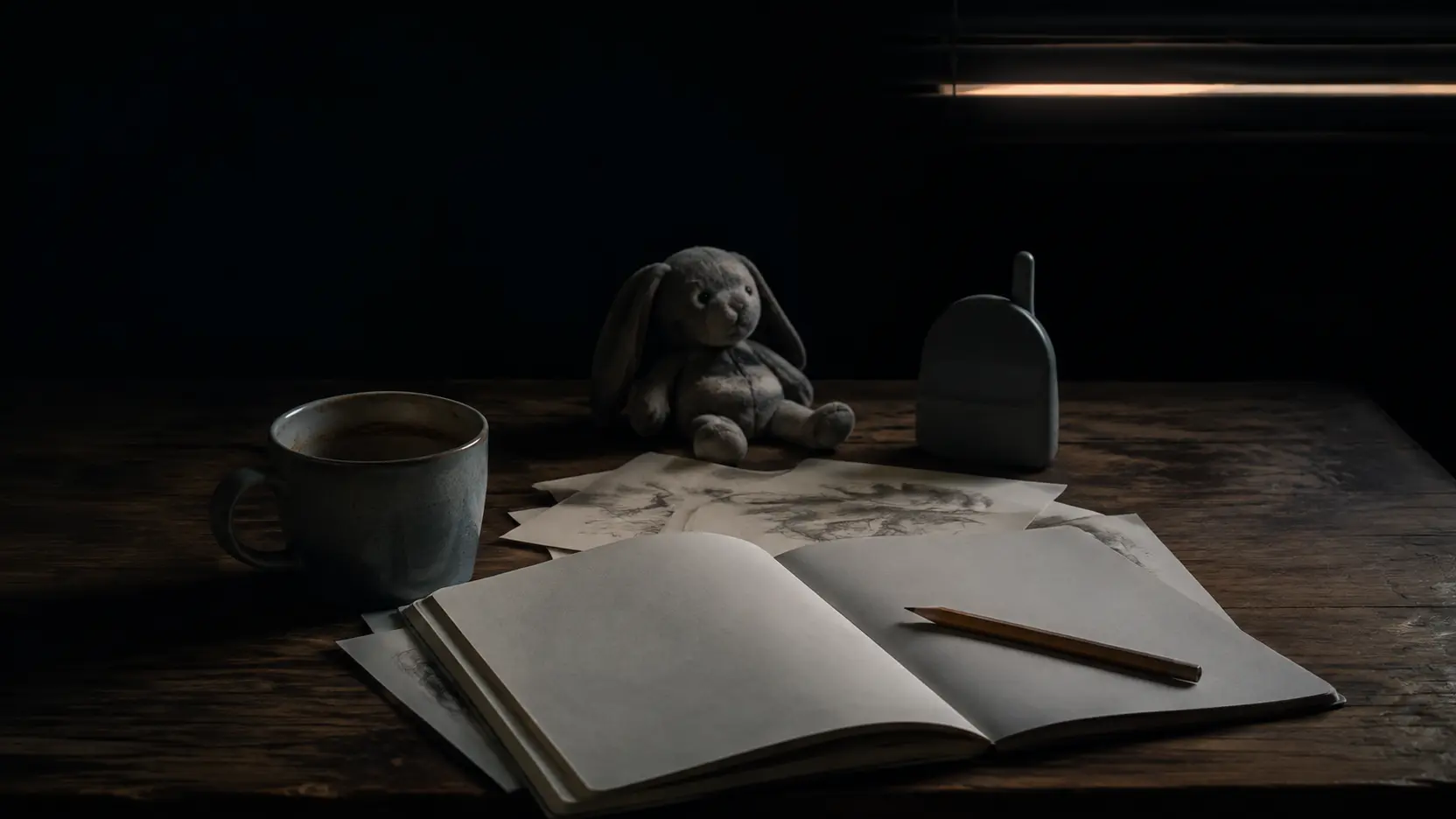 A pre-dawn desk with an open notebook, research papers, coffee, and a small child’s keepsake