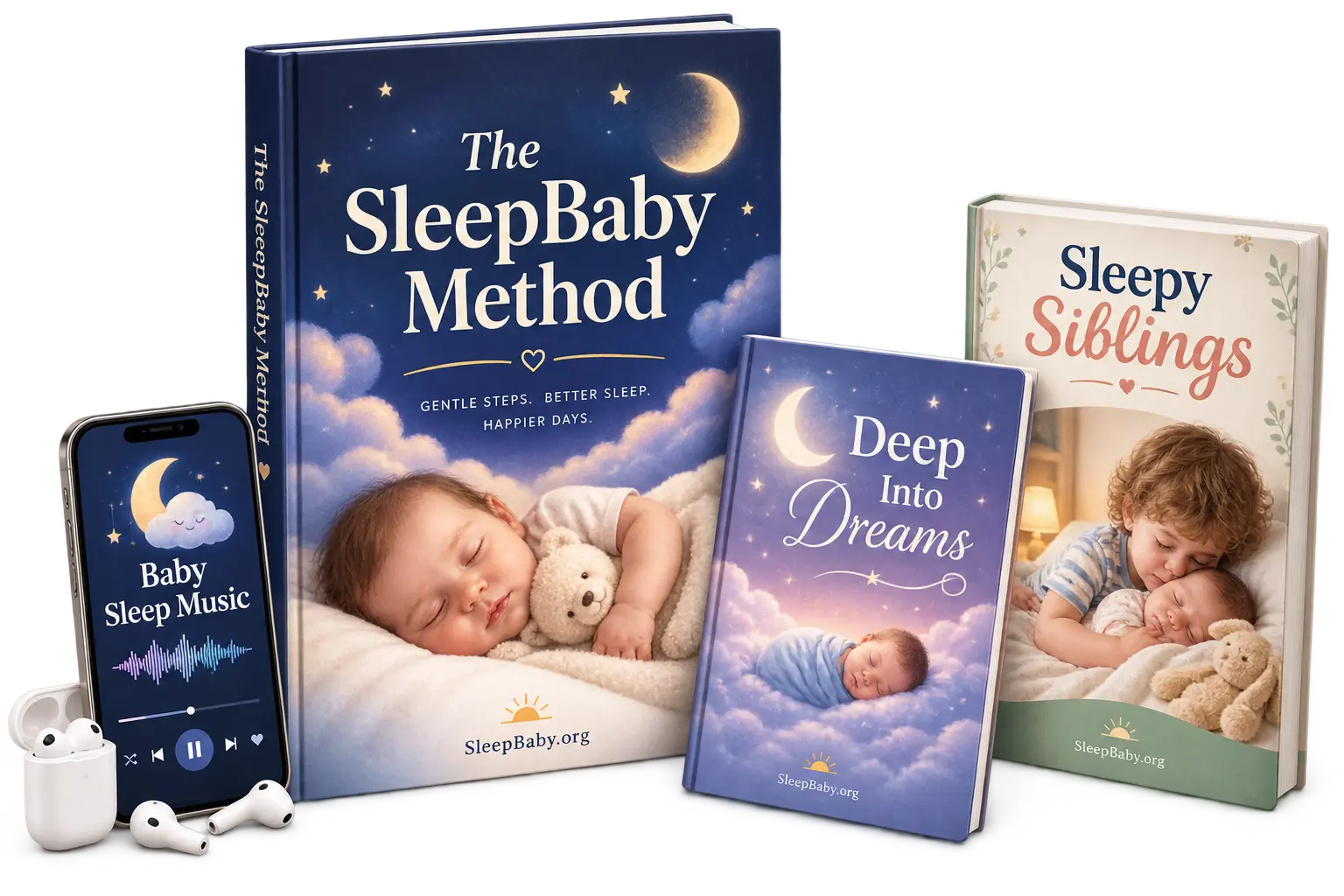 The SleepBaby Method digital guide with Baby Sleep Music, Deep Into Dreams, and Sleepy Siblings