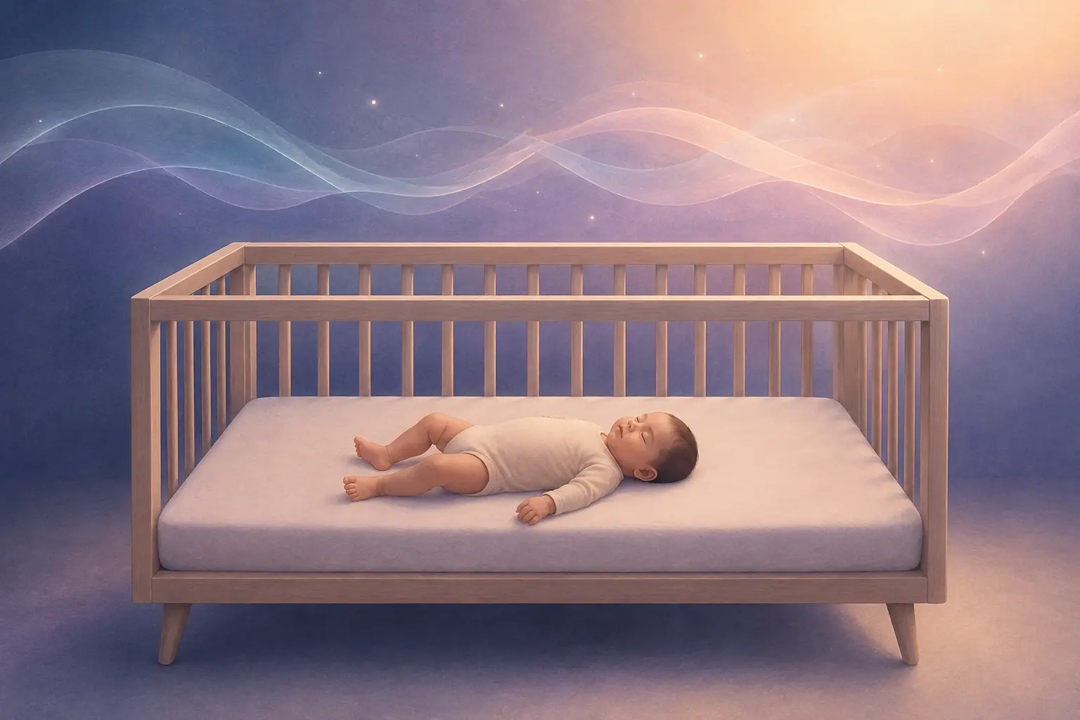 A baby sleeping safely on their back in a clear crib while gentle sound waves float through the room