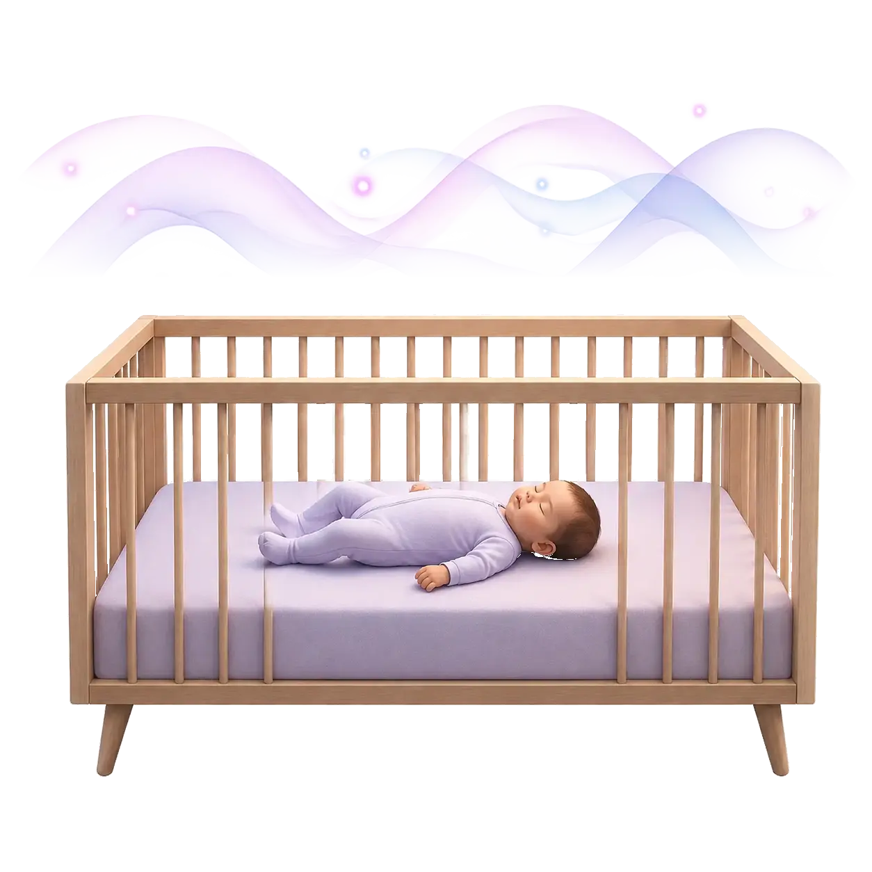 A baby sleeping on their back in a bare crib with abstract sound waves behind it