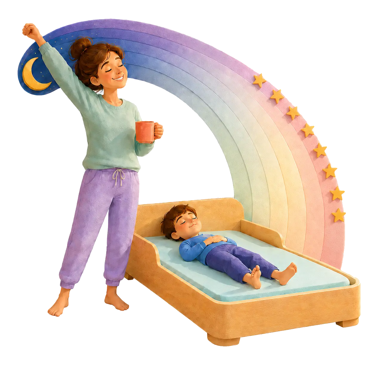 A contextual storybook morning scene of a rested parent beside her peacefully sleeping child