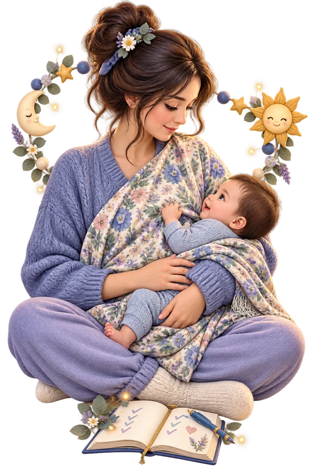 A contextual storybook scene of a breastfeeding parent and baby in a peaceful nursery