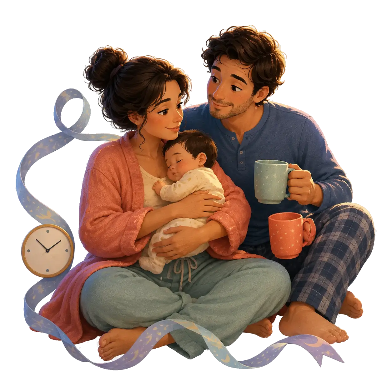 A contextual storybook scene of two relieved parents celebrating quietly while their baby sleeps in a parent’s arms