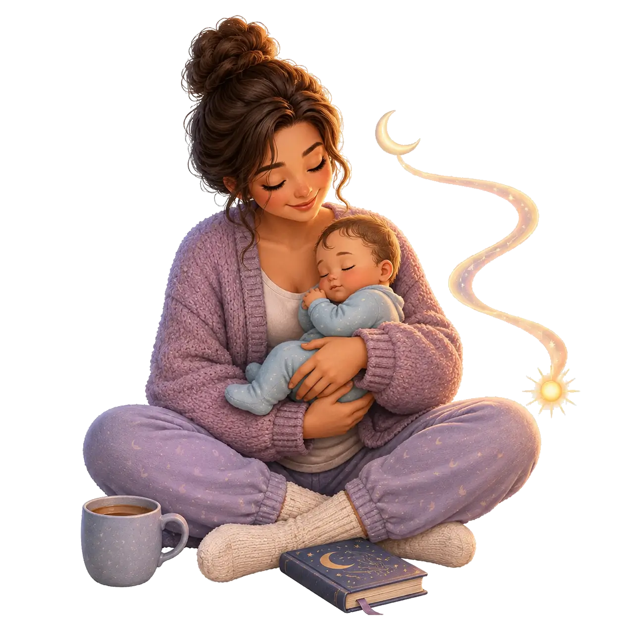 A contextual storybook scene of a relieved parent holding a peacefully sleeping baby at dawn