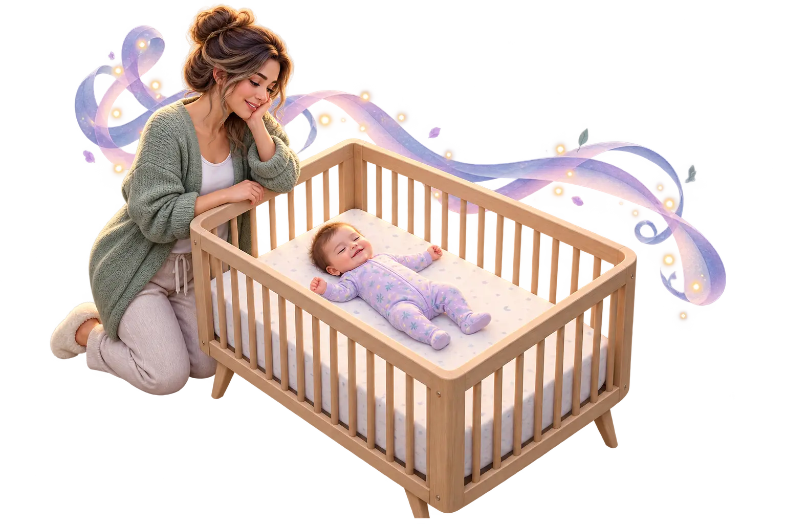 A contextual storybook scene of a relieved parent watching baby Tammy settle in a bare crib beneath gentle sound ribbons