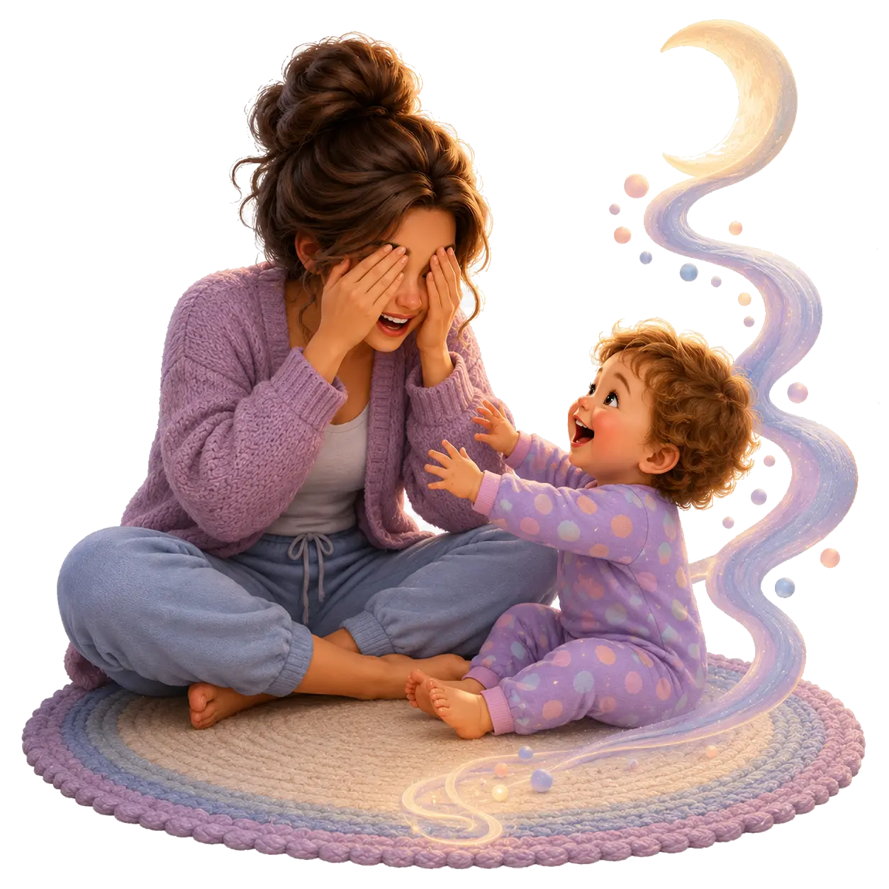 A contextual storybook scene of a parent and toddler sharing bedtime giggles beside a bare crib