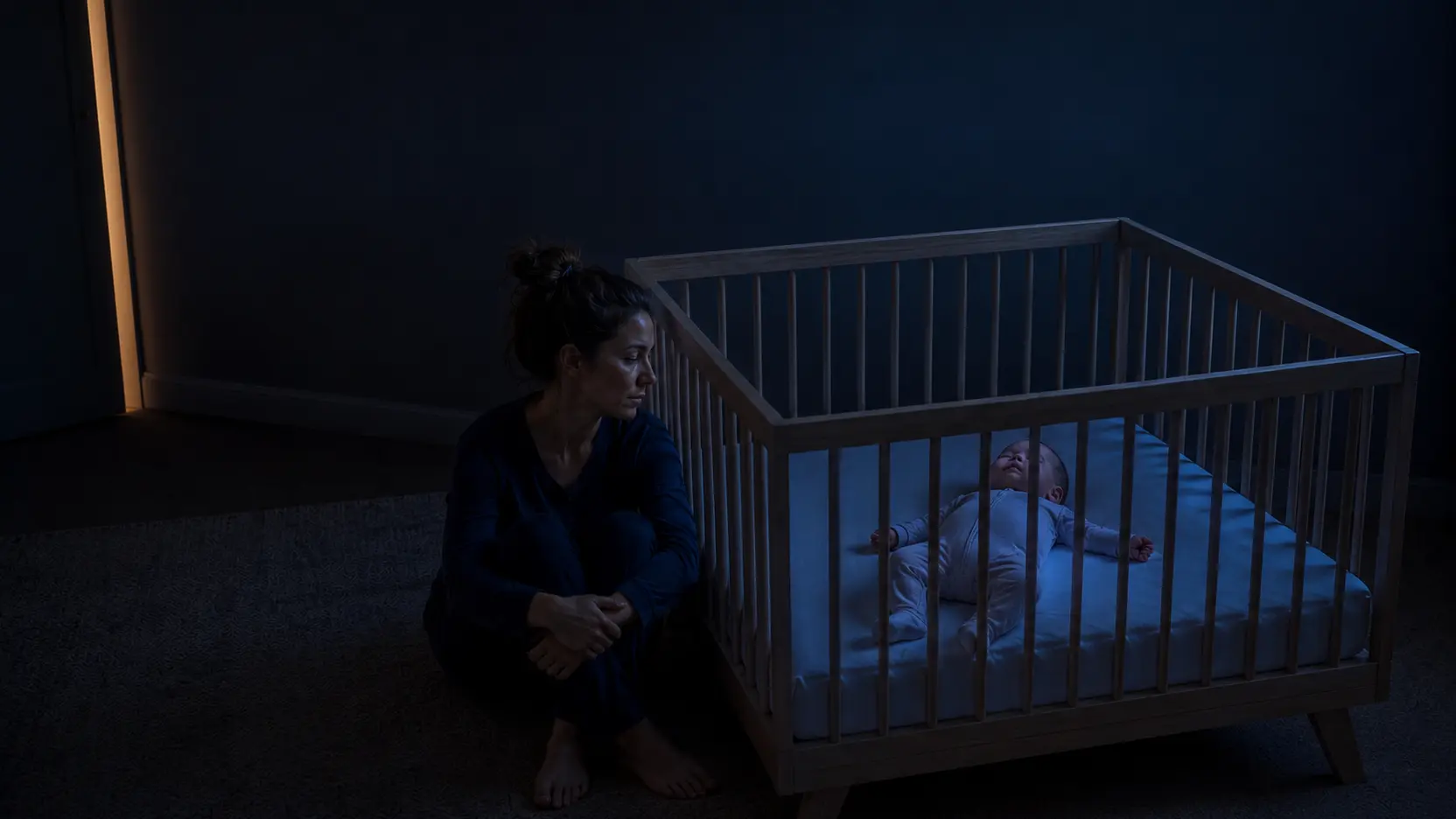 An exhausted mother sitting beside a bare crib in a dark nursery while her baby sleeps safely on their back