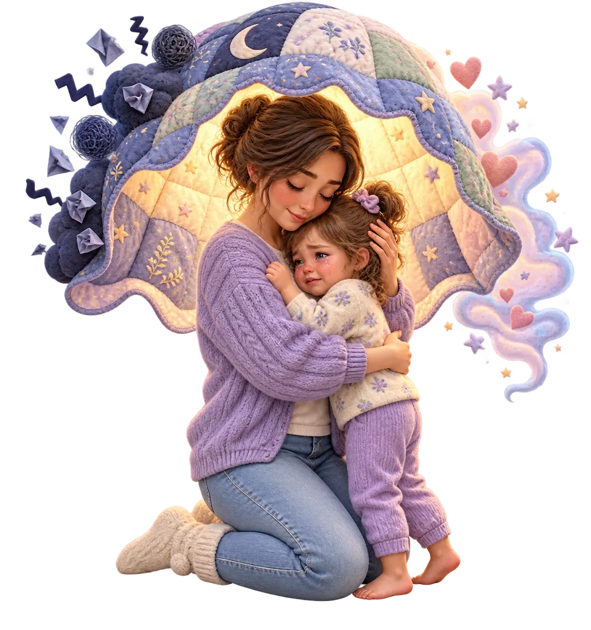 A parent comforting a crying toddler beneath a quilt-like shelter as stormy scribbles soften into hearts and stars