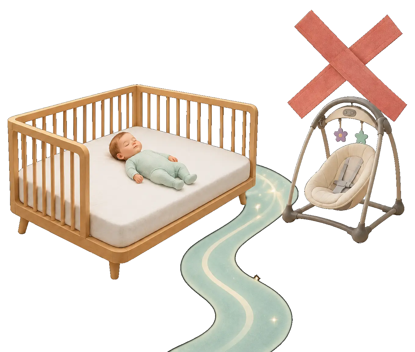 A safety illustration contrasting a baby sleeping on their back in a bare crib with an empty swing beneath warning ribbons