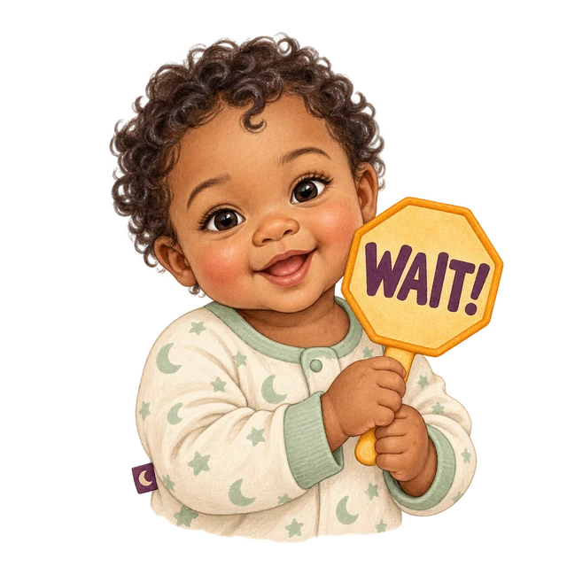 An illustrated baby holding a friendly WAIT! sign.