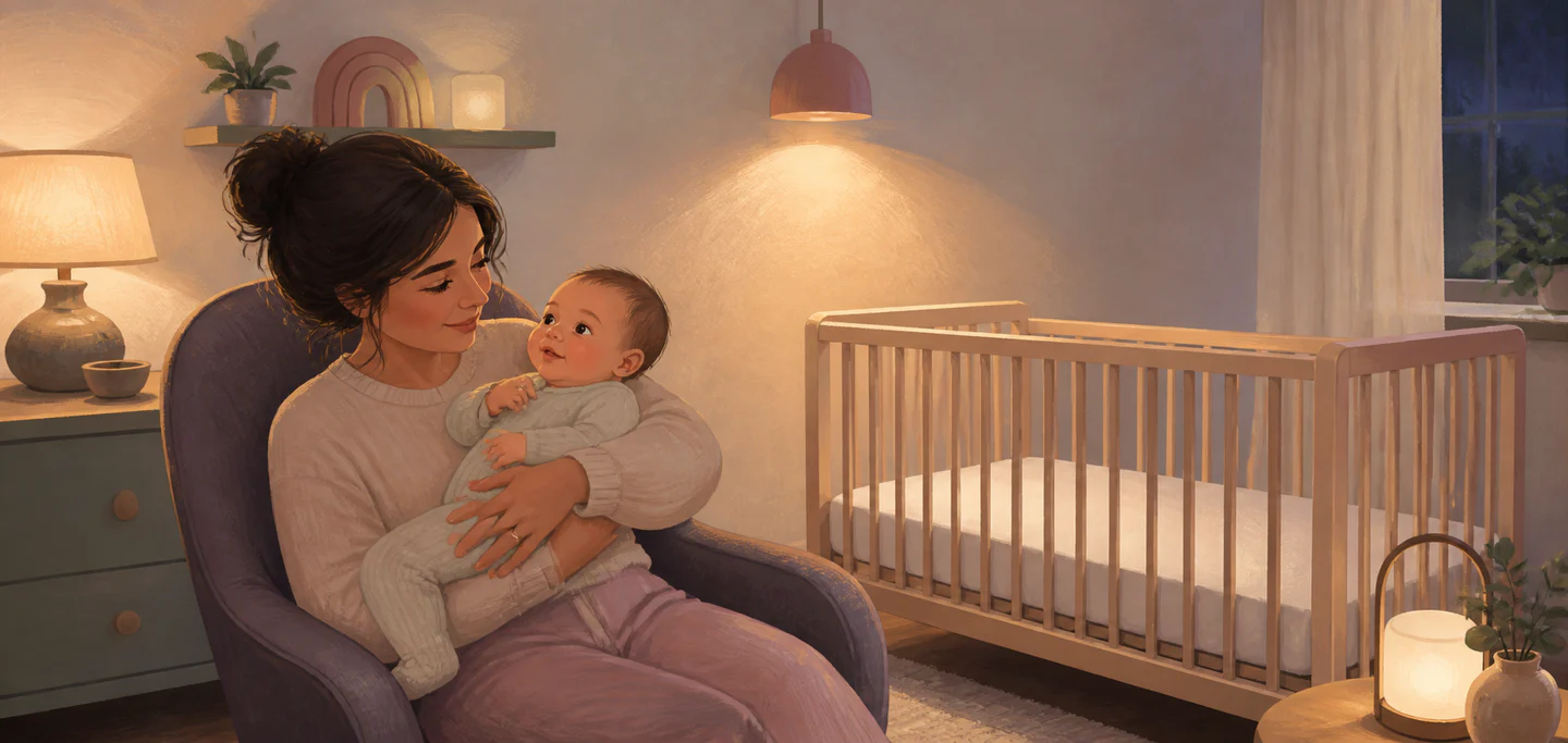 Illustration of an awake caregiver holding a baby beside an empty wooden crib in warm evening light.
