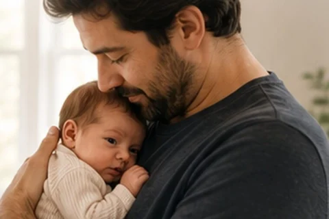 A father holding a newborn in a softly lit home