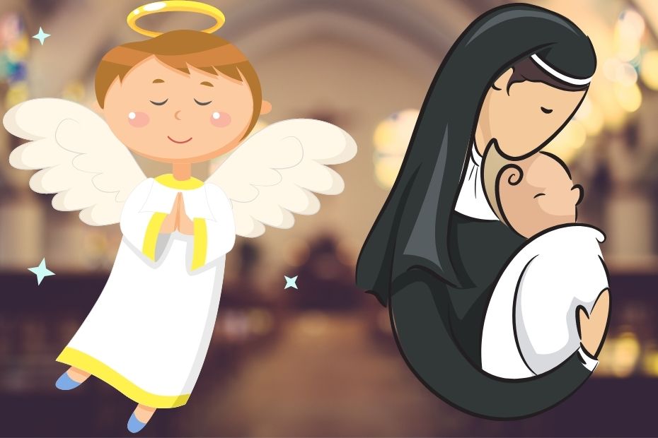angel and nun holding baby in church