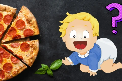 baby crawling toward pizza