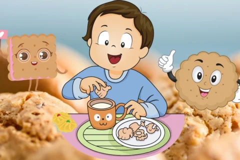 happy cartoon baby eating biscuits