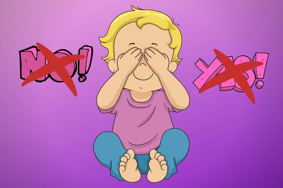 toddler covering eyes with yes or no words