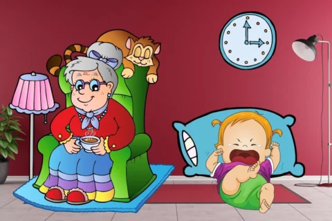 grandpa in green chair with crying baby