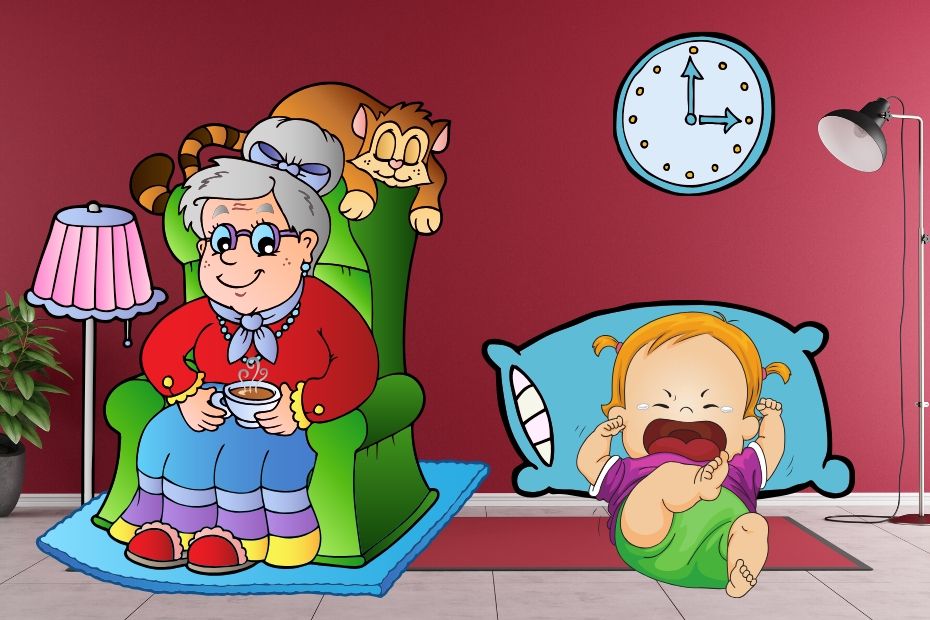 grandpa in green chair with crying baby
