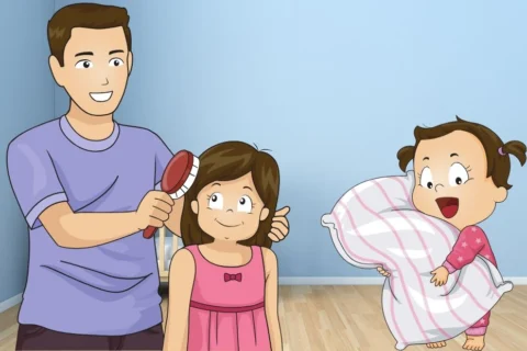 dad brushing toddler girl's hair