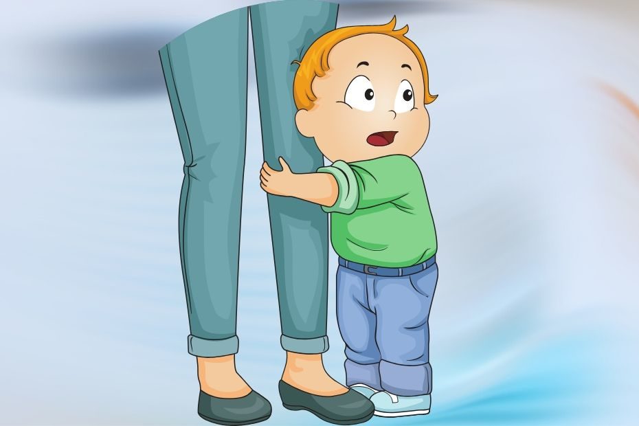 clingy toddler holding leg