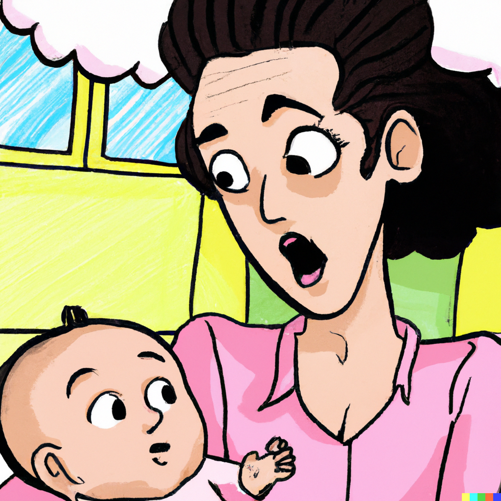 Illustration of a mother in pink attire lovingly holding her baby