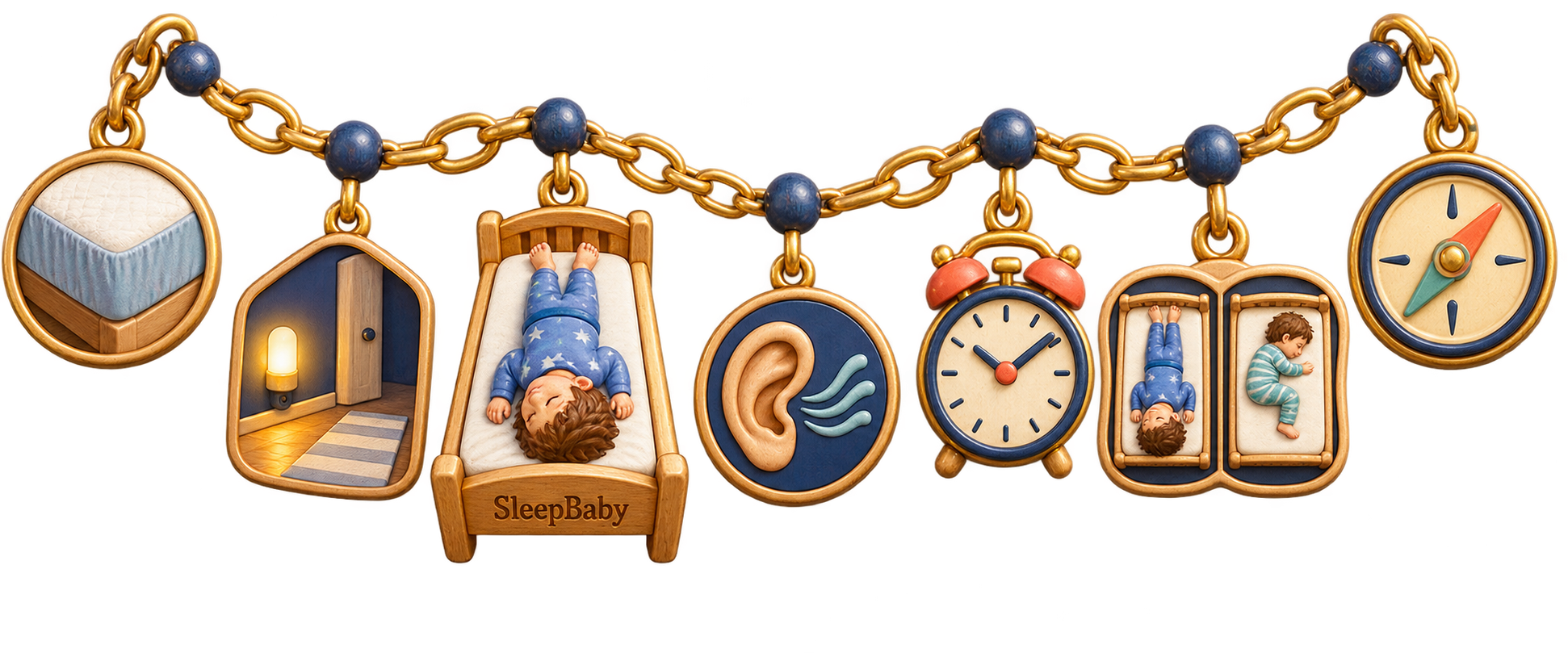 A gold-and-indigo charm chain shows mattress fit, a clear nightlit route, a head-to-foot sleeper, a listening cue, a clock, two sleep orientations, and a free-moving compass.
