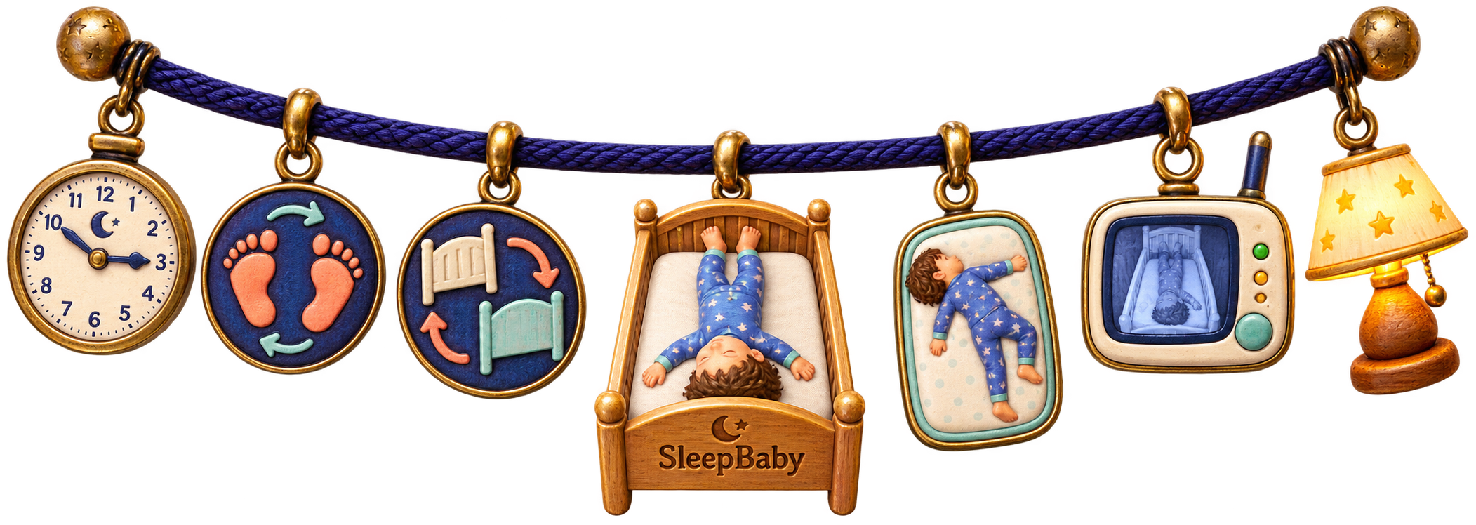 A deep-indigo charm strand shows a bedtime clock, reversed footprints, swapped bed ends, a toddler sleeping head-to-foot, a sideways sleeper, a monitor view, and a warm lamp.