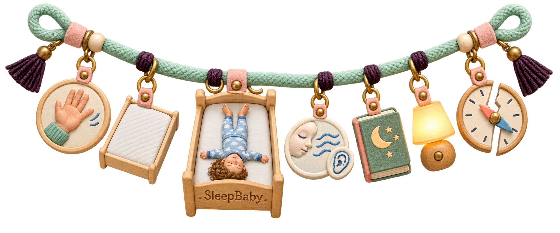 A mint-and-plum charm garland shows an open caregiver hand, fitted mattress, toddler sleeping head-to-foot, quiet breathing cue, closed book, nightlight, and broken-direction compass.