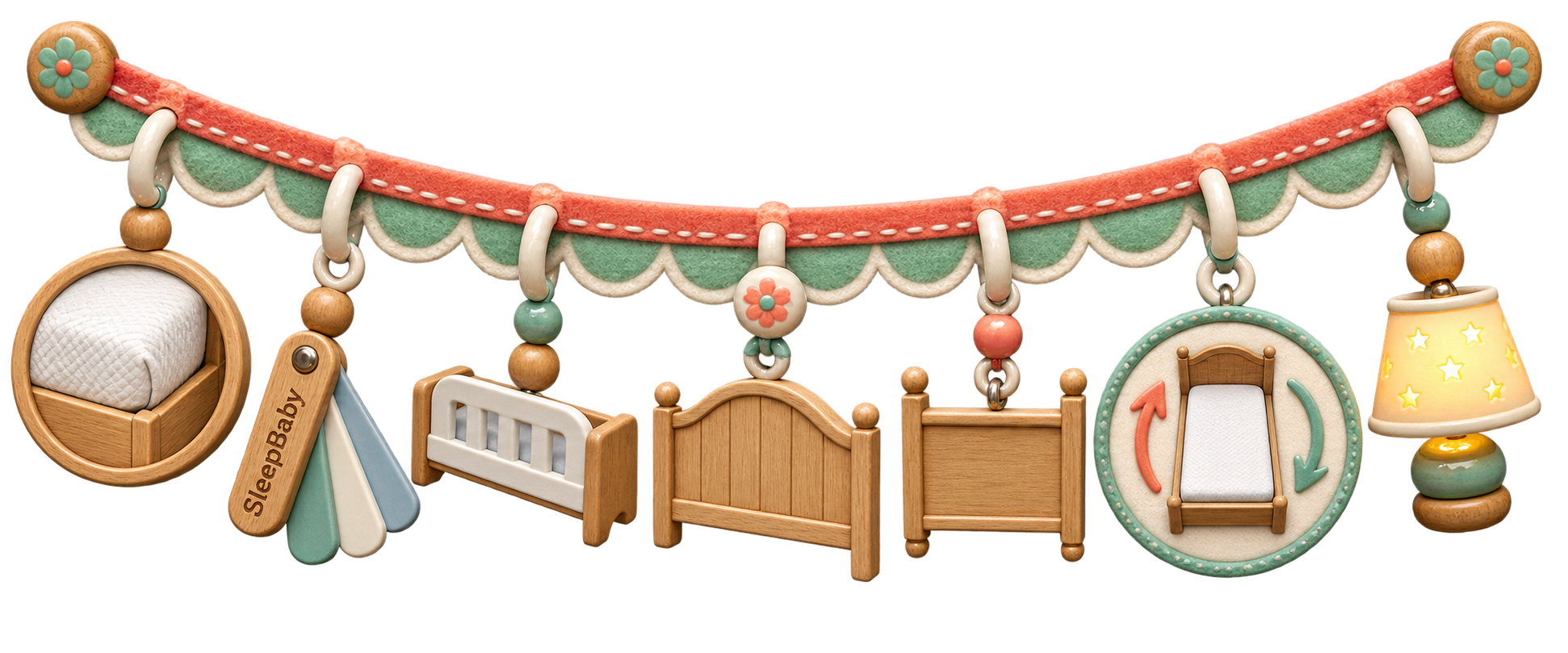 A coral-and-mint felt charm ribbon shows a fitted mattress corner, gap gauge, guard rail, headboard, footboard, bed-orientation arc, and warm nightlight.