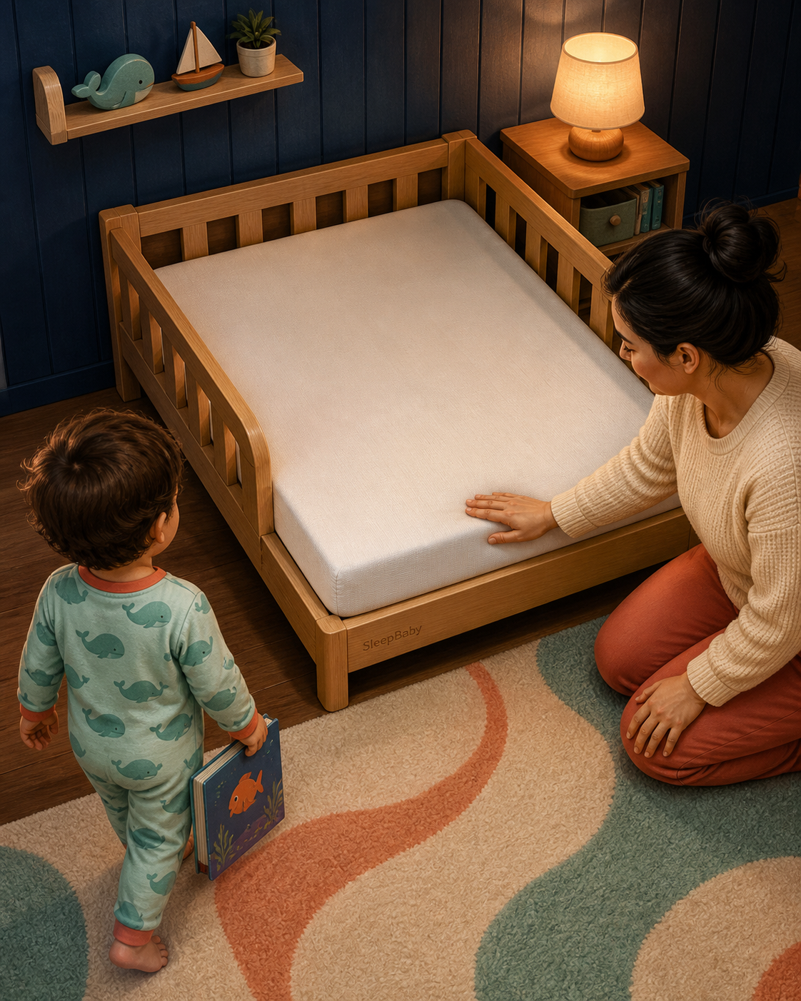 A caregiver checks the fitted mattress in a clear wooden toddler bed while a pajama-clad toddler stands beside the bed holding a bedtime book.