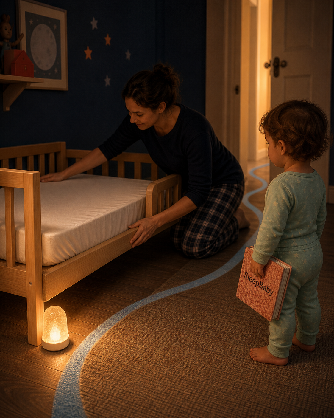 A caregiver checks a snug fitted mattress and a clear nightlit route while a pajama-clad toddler stands outside the empty low bed holding a closed bedtime book.