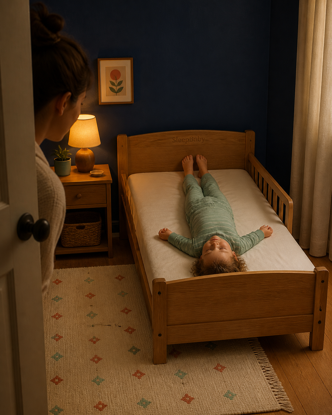 A toddler sleeps with their closed-eyed head by the footboard and feet toward the headboard in a clear wooden toddler bed while a caregiver looks in from the doorway.