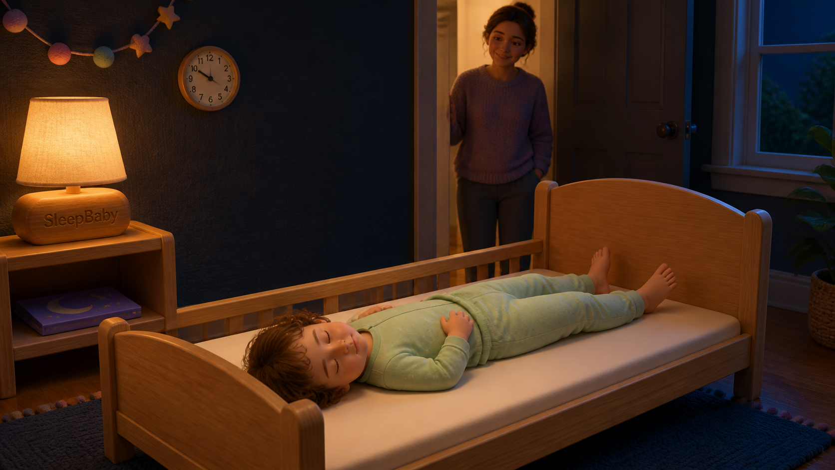 A sleeping toddler rests head-to-foot in a low wooden bed while a caregiver quietly checks the clear, nightlit room from the doorway.