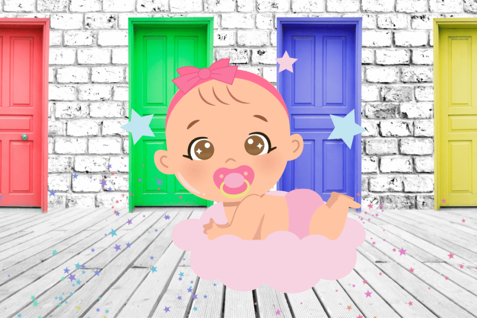 baby and colorful doors