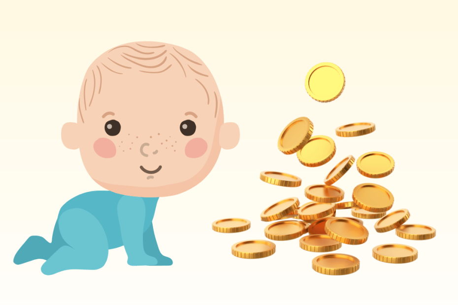 baby crawling by coins