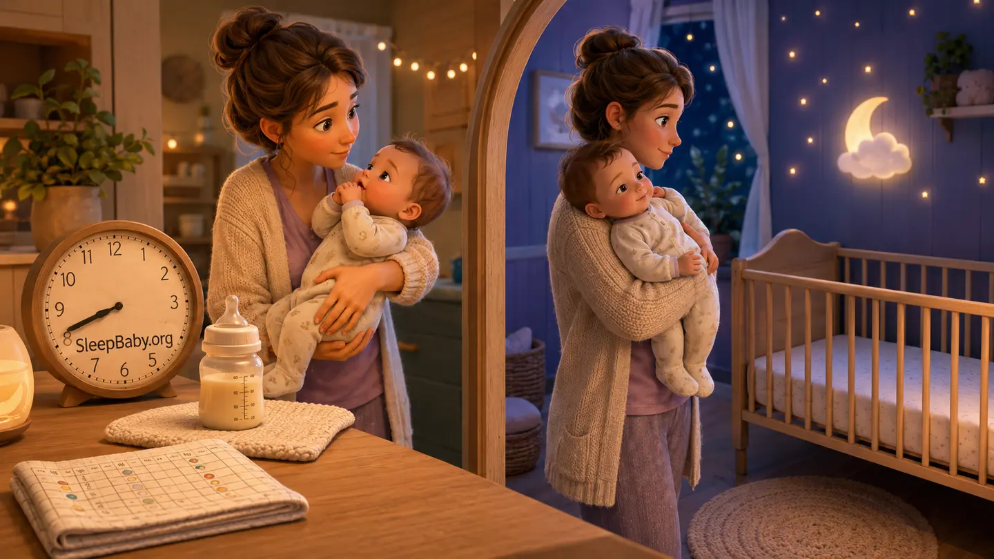 An awake baby shows hunger cues beside a clock and sleep log before a caregiver carries the fed baby toward an empty crib at night.