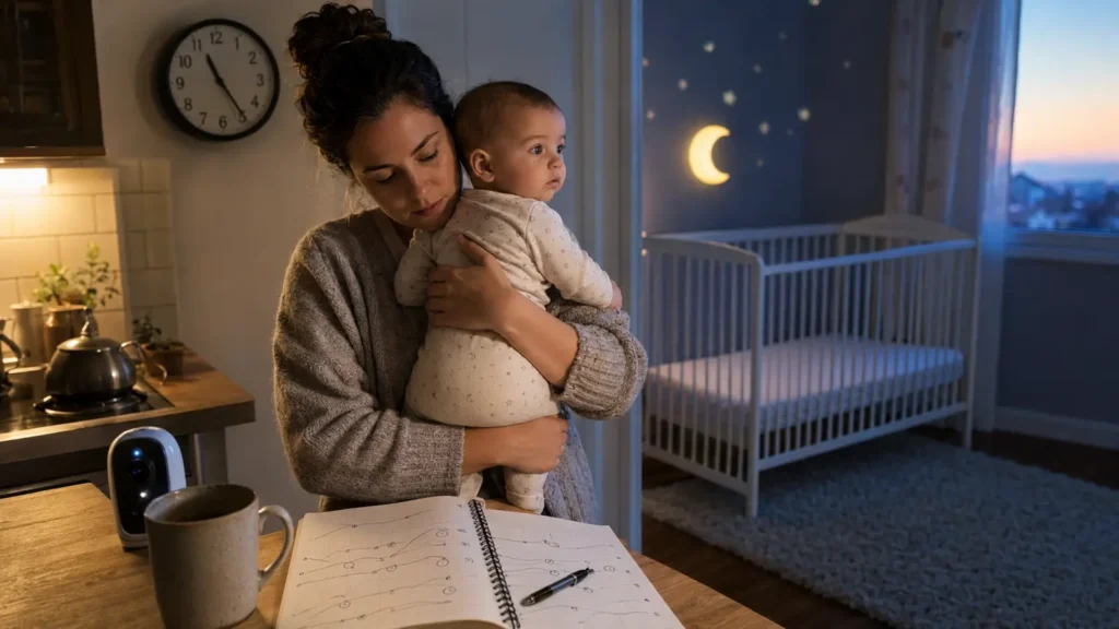 Caregiver records an awake baby’s natural morning, nap, feeding, and bedtime rhythm beside a safe empty crib.