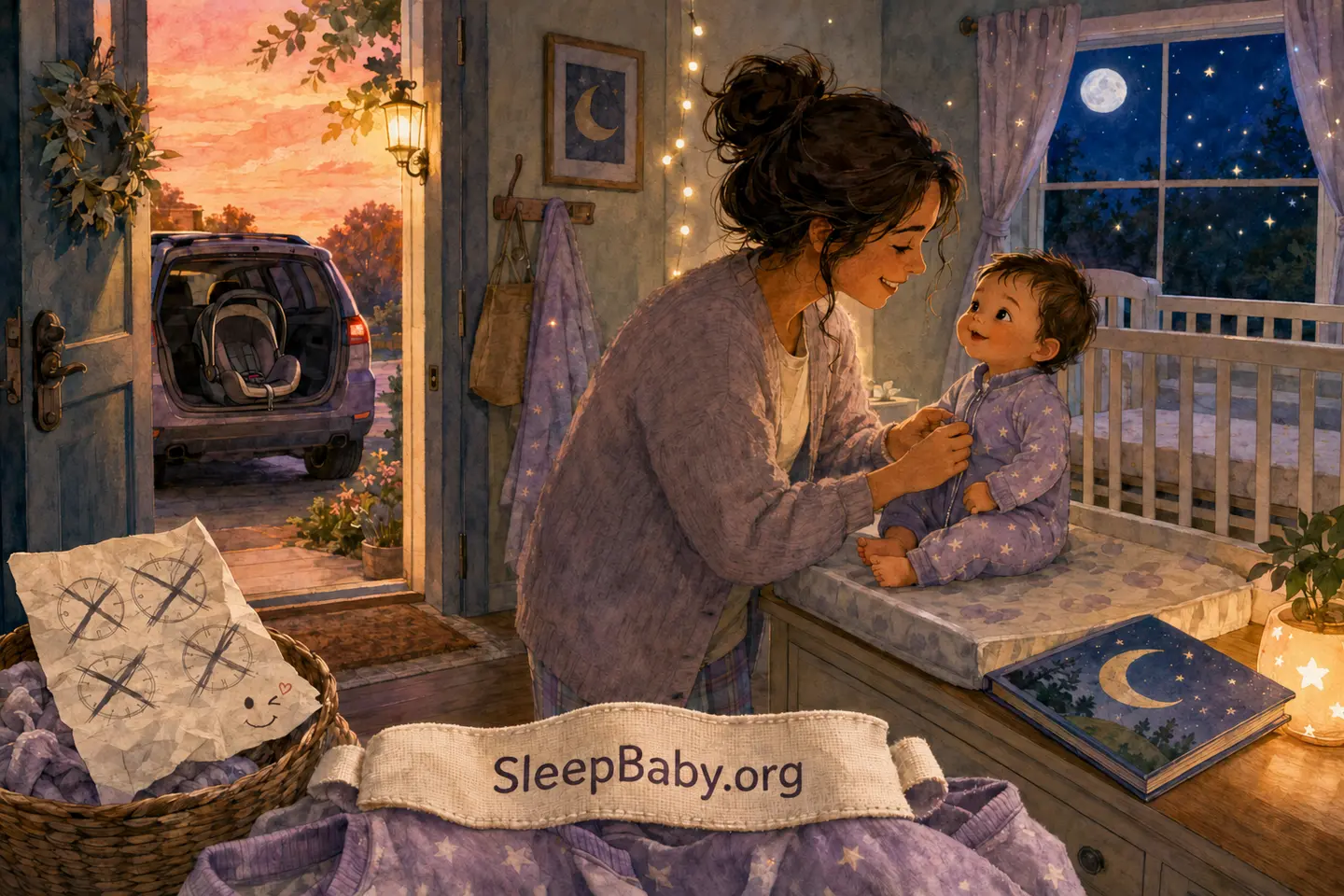 After an unexpected car nap, a caregiver discards a crossed-out timetable and changes an awake baby into pajamas beside an empty crib at sunset.