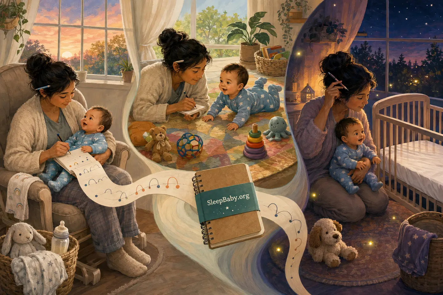 A caregiver observes and records an awake baby’s feeding, play, and nursery pattern from dawn through bedtime beside an empty crib.