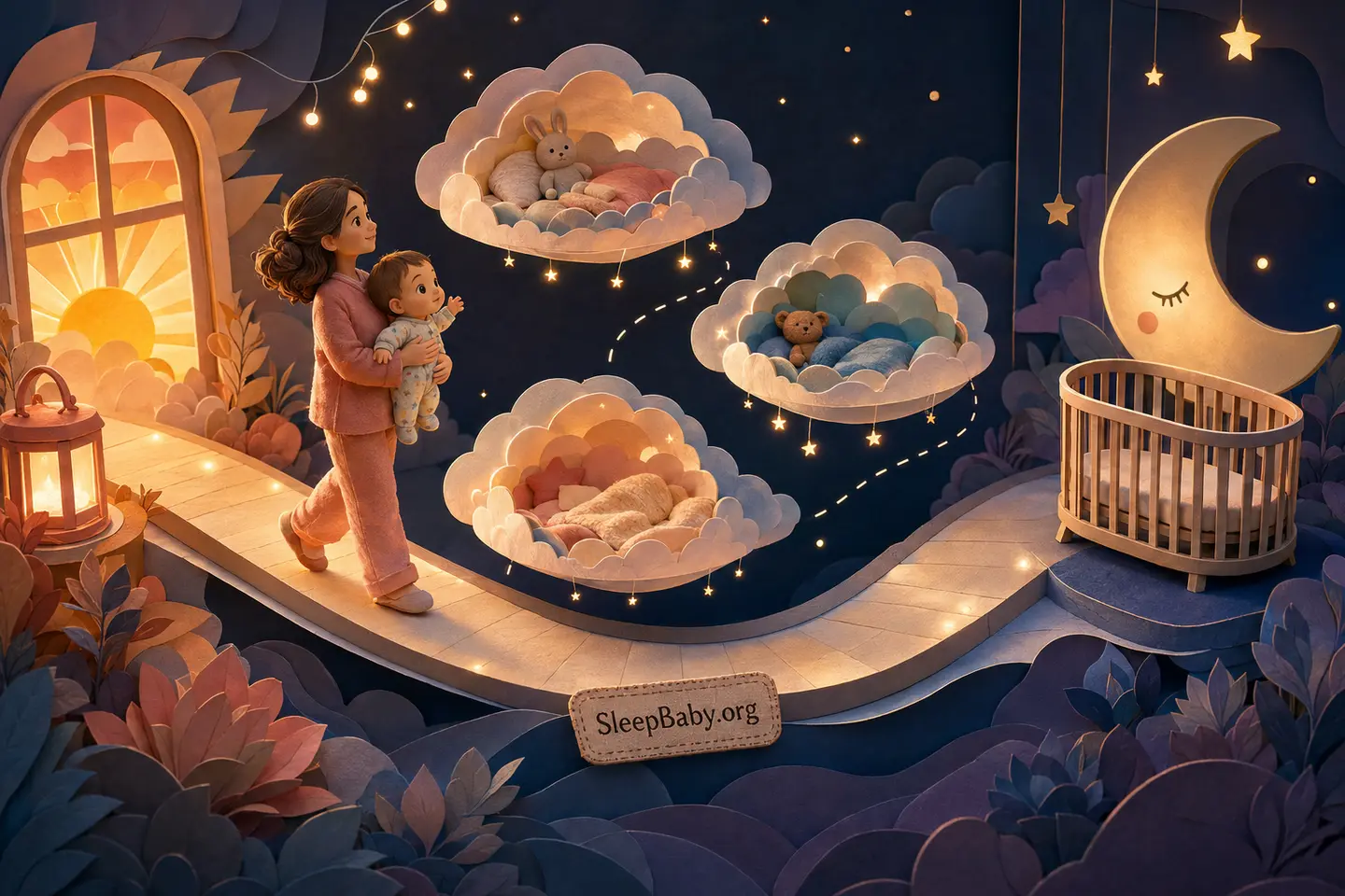 Paper-theater day path with a sunrise window, three floating nap clouds, an awake baby held by a caregiver, and an empty crib under a moon nightlight.