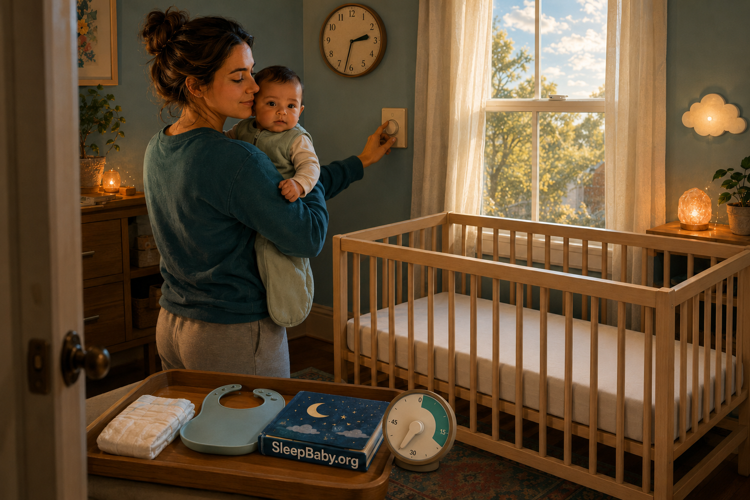 Caregiver holds an awake baby beside an empty crib, turns down a dimmer, and checks an analog 30-minute nap timer in afternoon light.