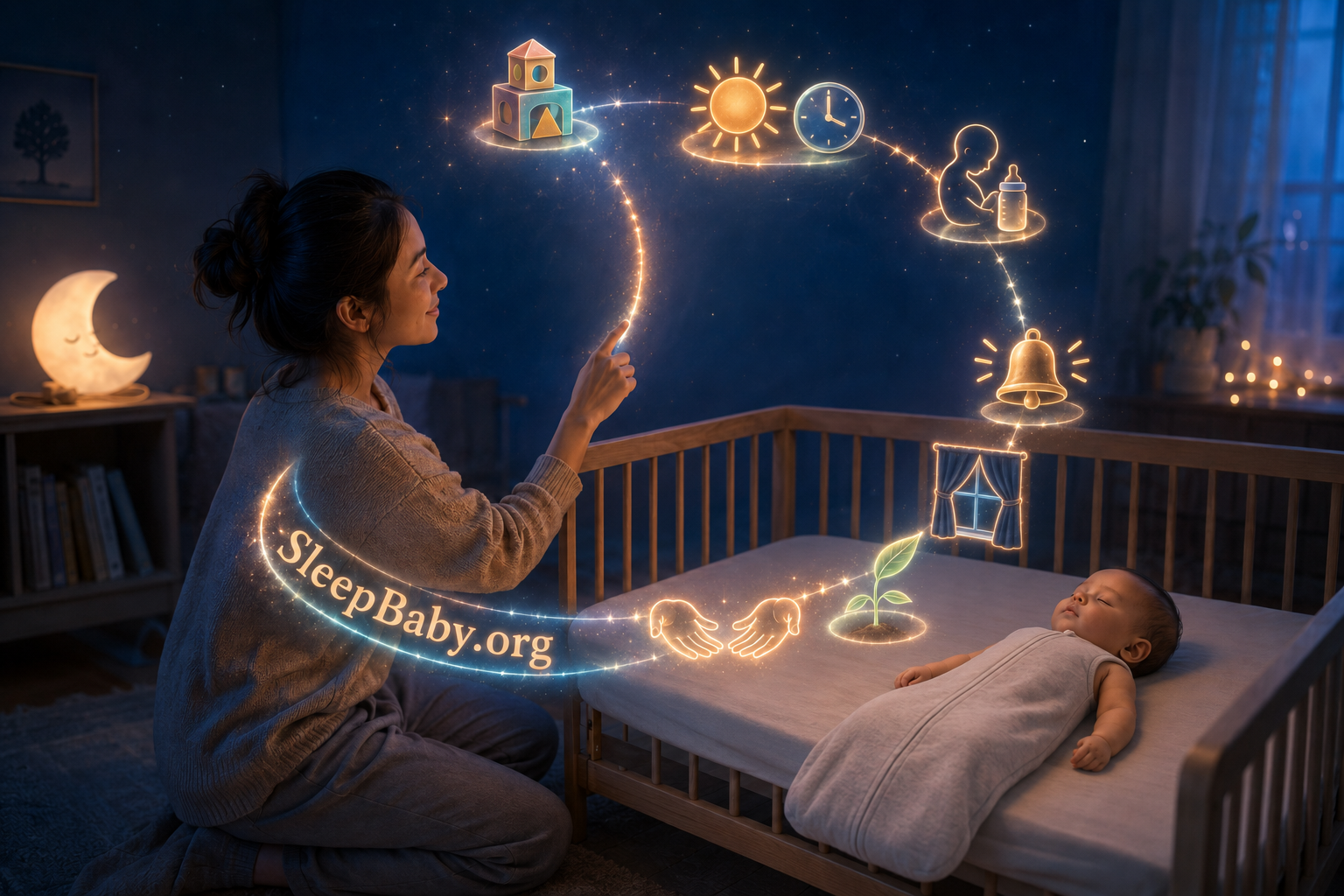 Caregiver follows seven glowing nap clues around a crescent-shaped day rhythm beside a baby resting safely in an empty crib.