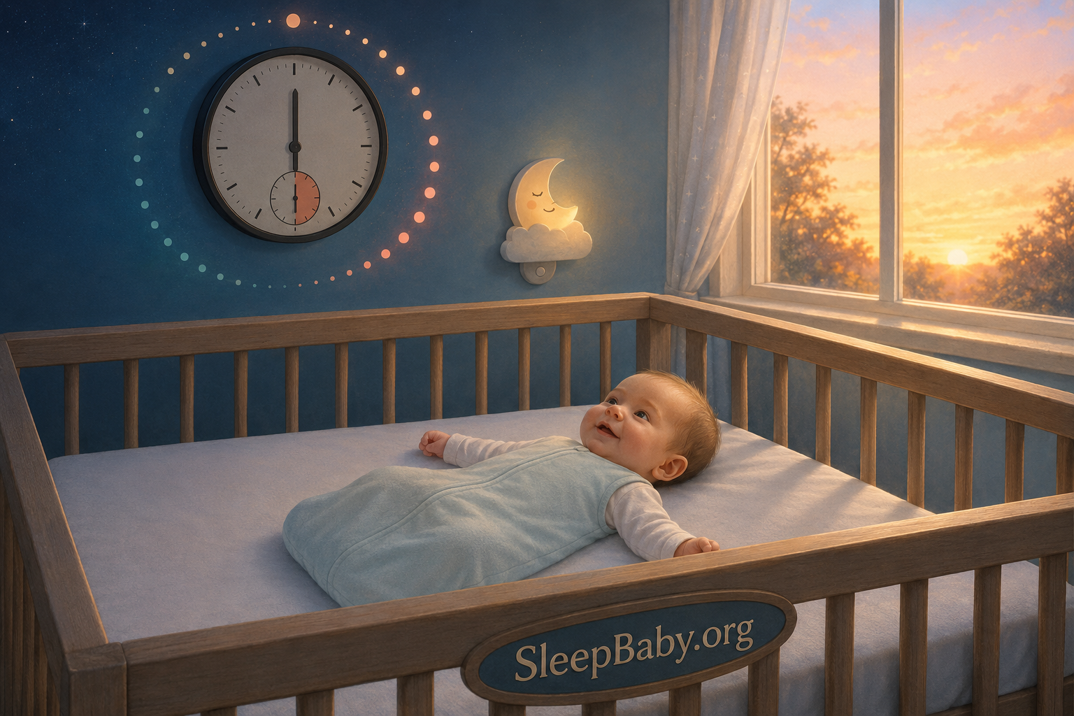Awake baby looks toward a nearby clock after a brief nap while lying on the back in a clear, firm, flat crib.