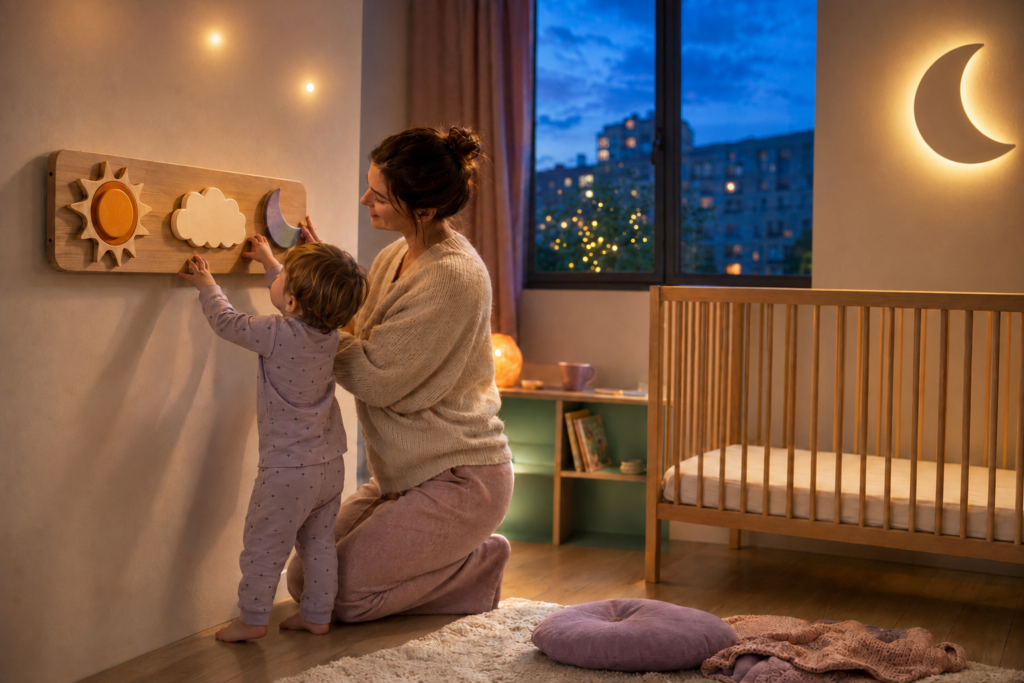 Caregiver and awake two-year-old arrange sun, one nap cloud, and moon pieces beside an empty low-mattress crib at twilight.
