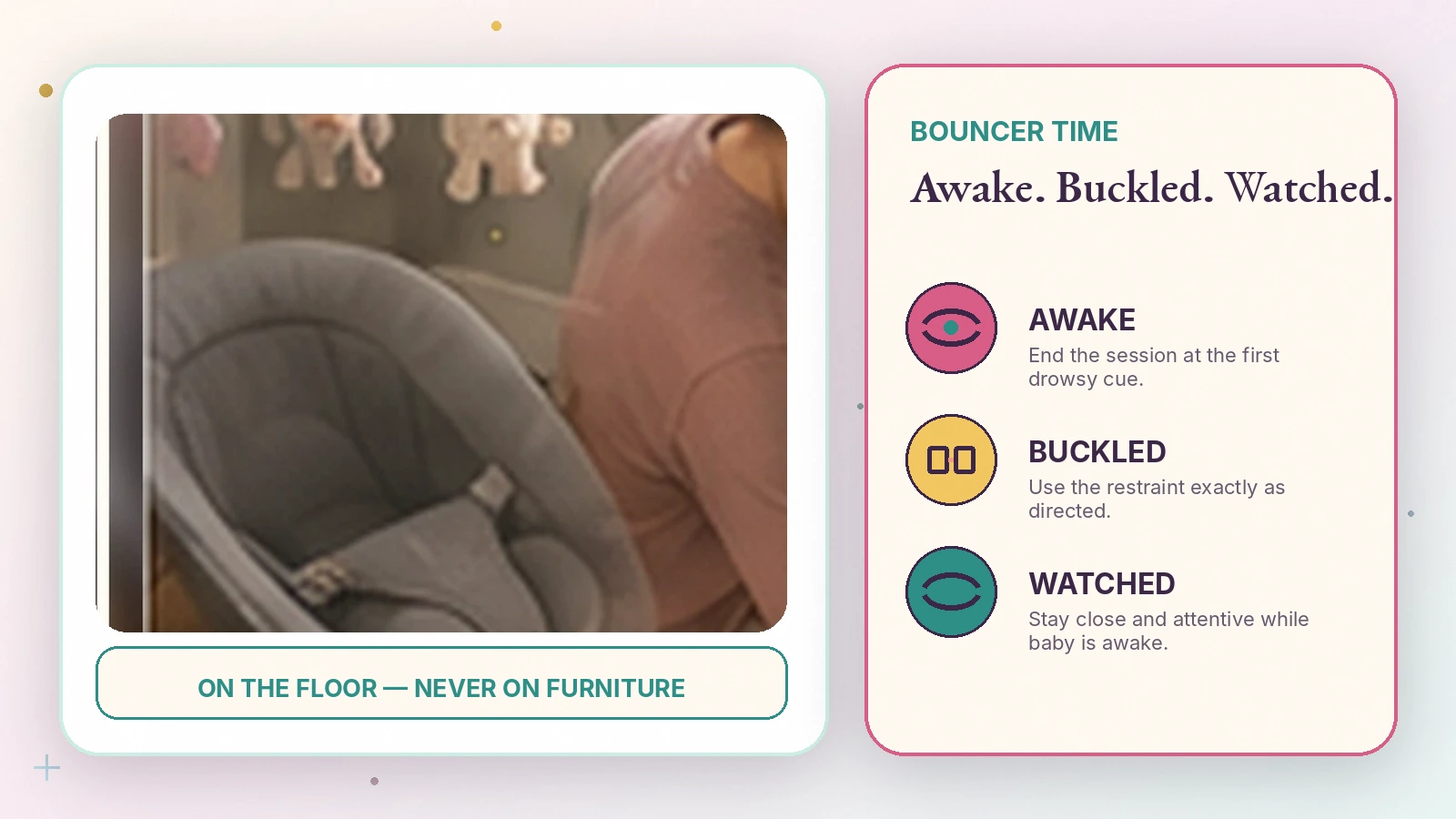 Empty floor-level bouncer beside a three-part guide reading Awake, Buckled, Watched and a label saying On the floor, never on furniture