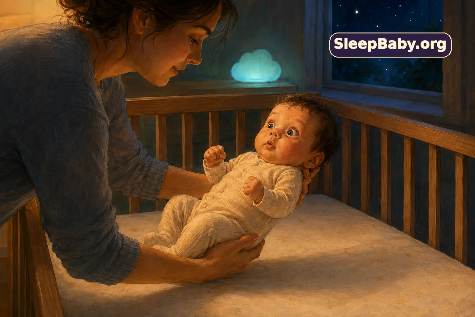 Illustrated caregiver supporting an alert baby’s head and body during a gentle transfer onto the baby’s back in a bare crib at night.