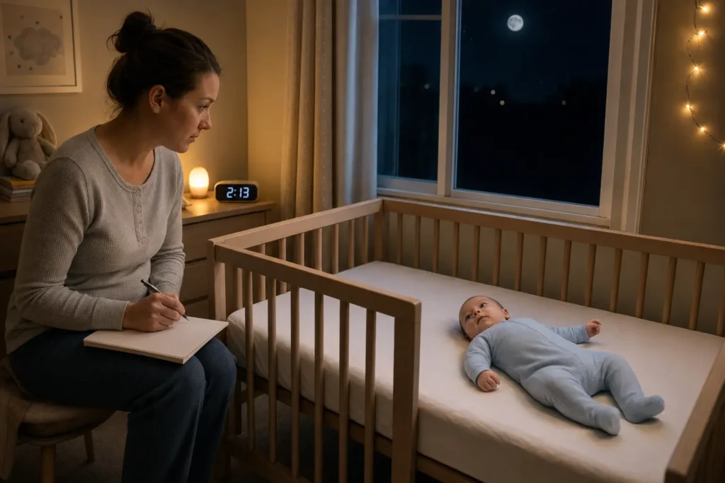 At 2:13 a.m., an awake caregiver records notes beside an alert baby lying on the back in a bare crib under a moonlit window and warm nightlight.
