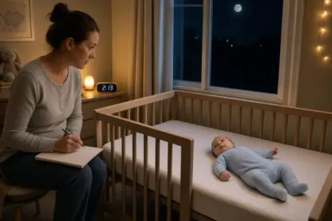 At 2:13 a.m., an awake caregiver records notes beside an alert baby lying on the back in a bare crib under a moonlit window and warm nightlight.