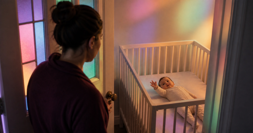 An awake baby in a bare crib reaches toward a caregiver stepping through a prismatic nursery doorway.